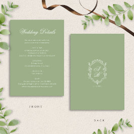 Carte D'accompagnement Classic Sage Green Monogram Crest Wedding Details