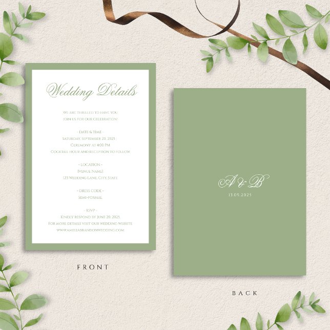 Carte D'accompagnement Classic Sage Green Monogram Script Wedding Details (Créateur téléchargé)