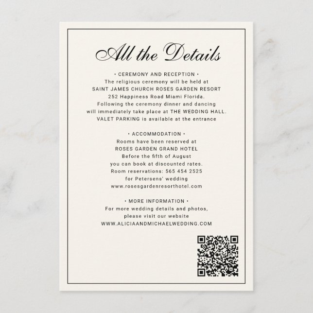 Carte D'accompagnement Classic traditional balck ivory wedding details (Devant)