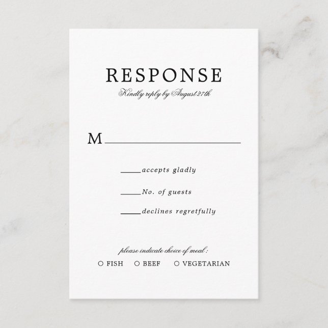 Carte D'accompagnement Classique Élégant Mariage Simple Rsvp Repas Entree (Devant)