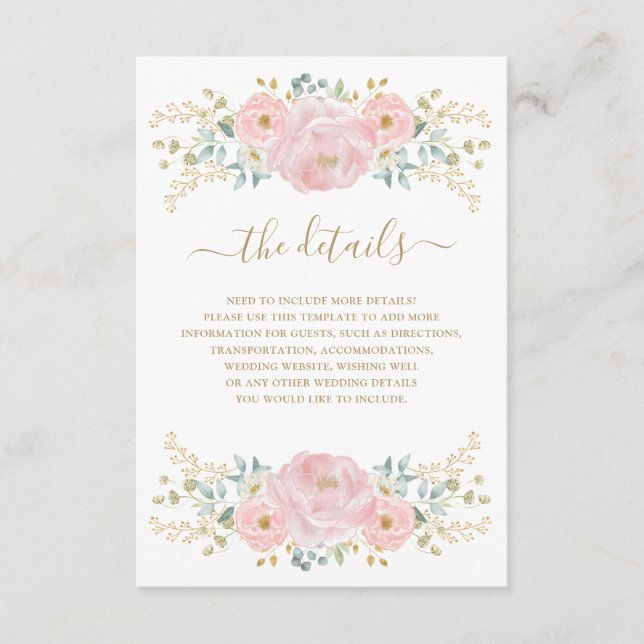 Carte D'accompagnement Classy Pink Gold Botanical Détails sur le Mariage  (Devant)