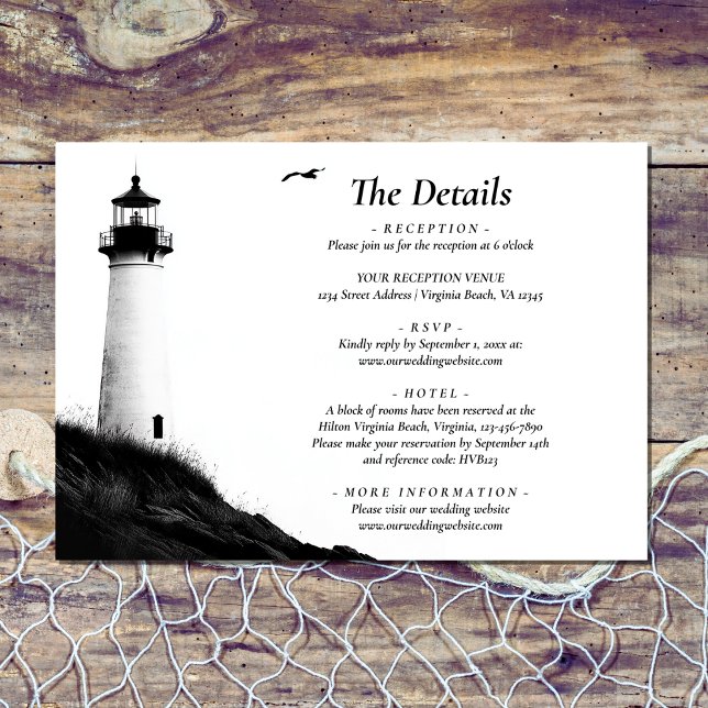 Carte D'accompagnement Coastal Beach Nautical Lighthouse Détails du Maria (Front - Coastal Beach Nautical Lighthouse Wedding Details Enclosure Card)