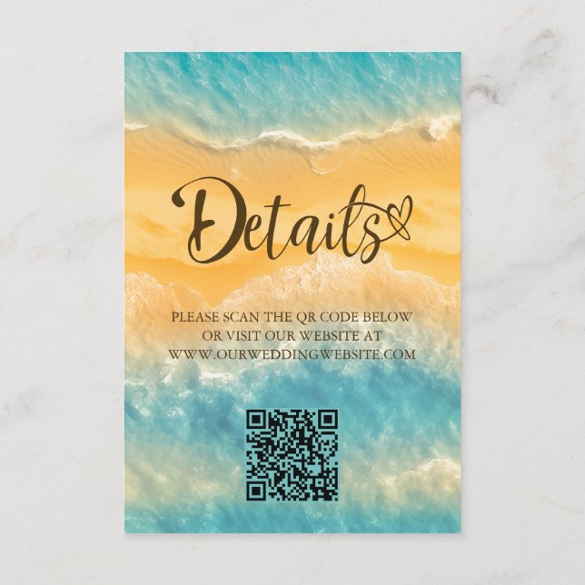 Carte D'accompagnement Coastal Chic Golden Sand Turquoise QR Code Mariage (Dos)