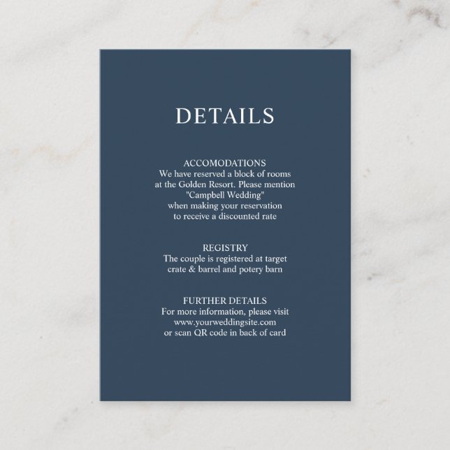 Carte D'accompagnement Code QR bleu de la marine Dusty Détails du Mariage (Devant)