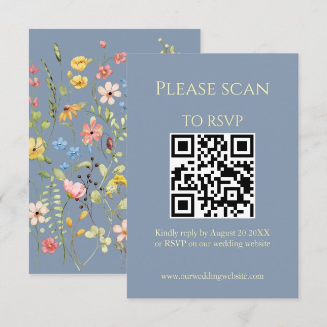 Carte D'accompagnement Code QR bleu Fleur sauvage simple et Mariage RSVP (Devant / Derrière)