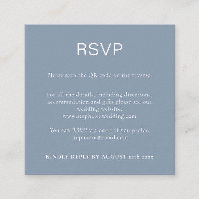 Carte D'accompagnement Code QR bleu simple Dusty RSVP (Devant)