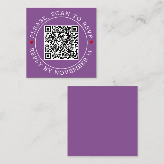 Carte D'accompagnement Code QR Bordure RSVP et coeur mariage violet (Devant / Derrière)