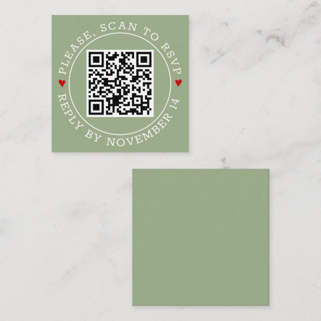 Carte D'accompagnement Code QR Bordure RSVP et coeur sage mariage vert (Devant / Derrière)