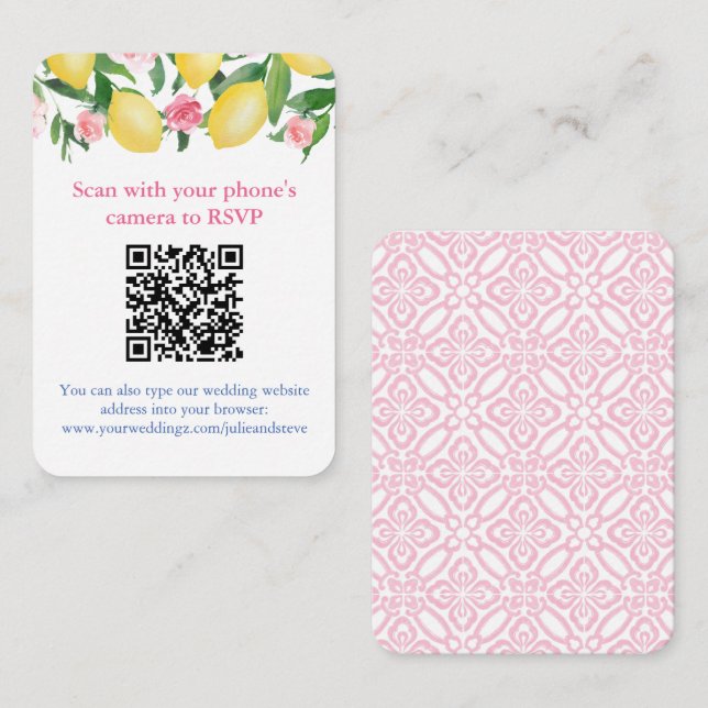 Carte D'accompagnement Code QR Citrons Rose Et Blanc RSVP En Ligne (Devant / Derrière)