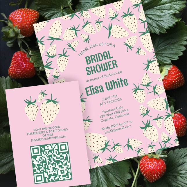 Carte D'accompagnement Code QR de la FÊTE DES MARIÉES de fraise blanche (White Strawberry Pineberry BRIDAL SHOWER QR code Enclosure Card
)