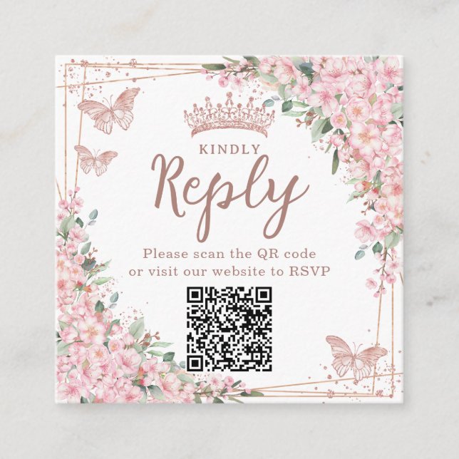 Carte D'accompagnement Code QR de Quinceanera Fleurs de Cerisier Or Rose (Devant)