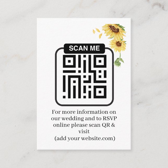 Carte D'accompagnement Code QR de réponse pour un mariage aux tournesols  (Devant)