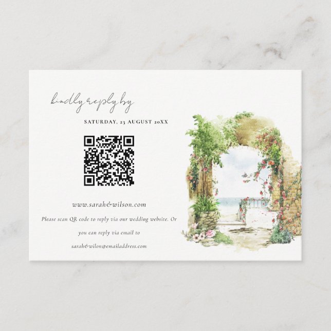 Carte D'accompagnement Code QR de réponse pour un mariage avec arche flor (Devant)