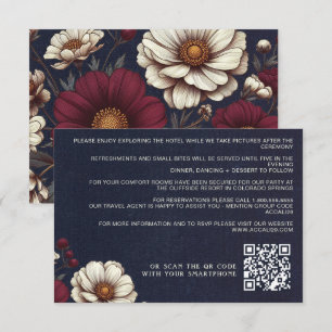 Carte D'accompagnement Code QR du Mariage Floral bleu marine et bourgogne