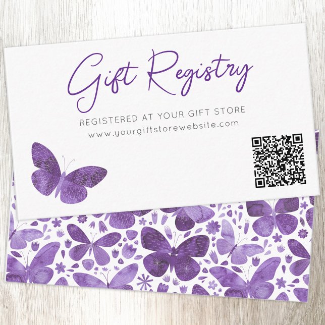 Carte D'accompagnement Code QR du registre des cadeaux papillon (Modern watercolor butterfly purple baby shower gift registry enclosure card with custom text QR code)