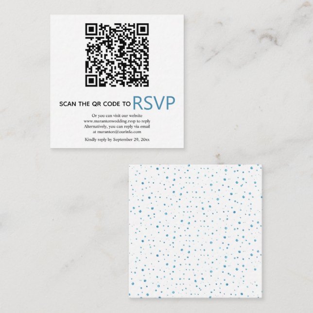 Carte D'accompagnement Code QR en ligne RSVP bleu confetti mariage (Devant / Derrière)