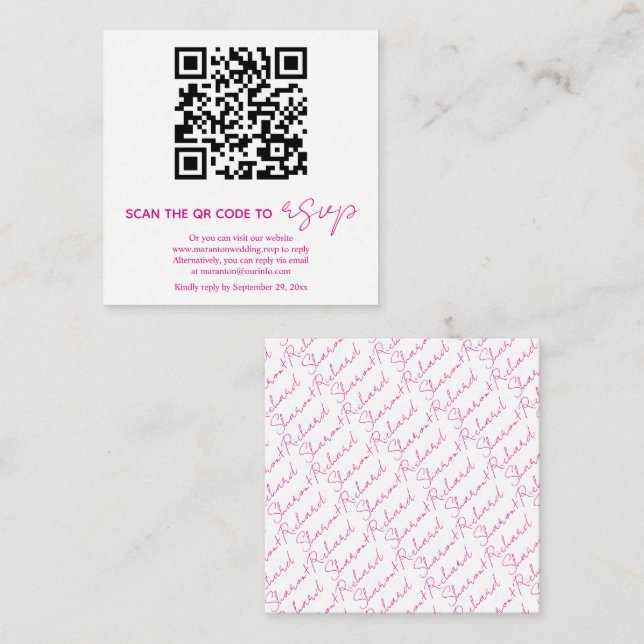 Carte D'accompagnement Code QR magenta rose calligraphie RSVP photo (Devant / Derrière)