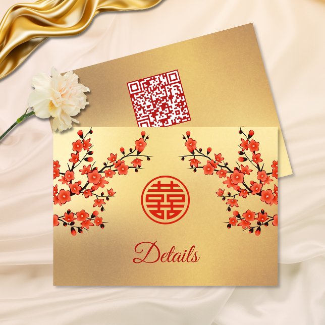 Carte D'accompagnement Code QR | Mariage chinois cerisier en fleurs rouge (Créateur téléchargé)