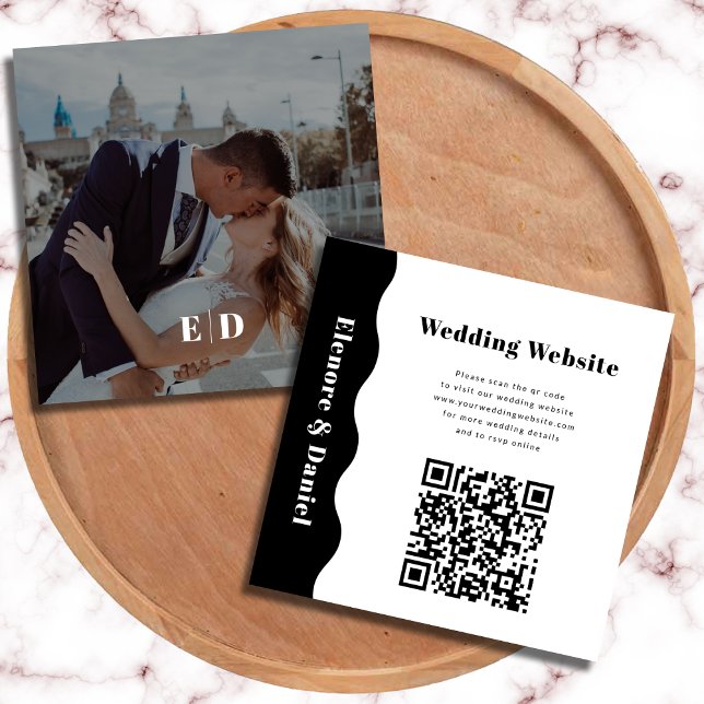 Carte D'accompagnement Code QR moderne noir blanc côté vague Mariage phot (Modern QR Code Black White Side Wave Photo Wedding Enclosure Card)