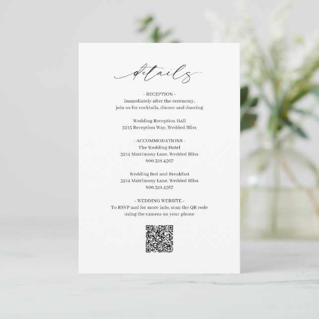 Carte D'accompagnement Code QR noir et blanc classique Mariage élégant (Debout devant)