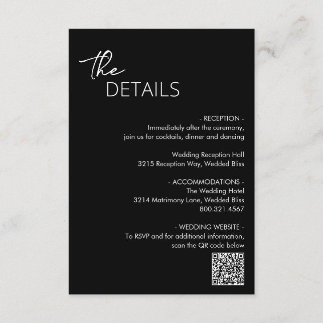 Carte D'accompagnement Code QR noir minimum Mariage moderne (Devant)