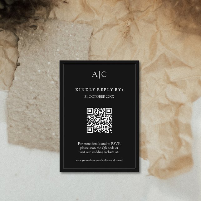 Carte D'accompagnement Code QR Noir Monogramme Mariage RSVP (Créateur téléchargé)