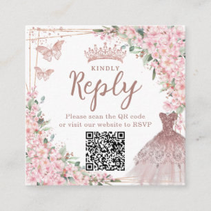 Carte D'accompagnement Code QR Quinceañera Fleurs de Cerisier Or Rose