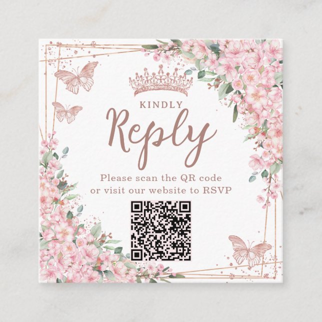 Carte D'accompagnement Code QR Quinceanera Rose Gold Fleurs de Cerisier (Devant)