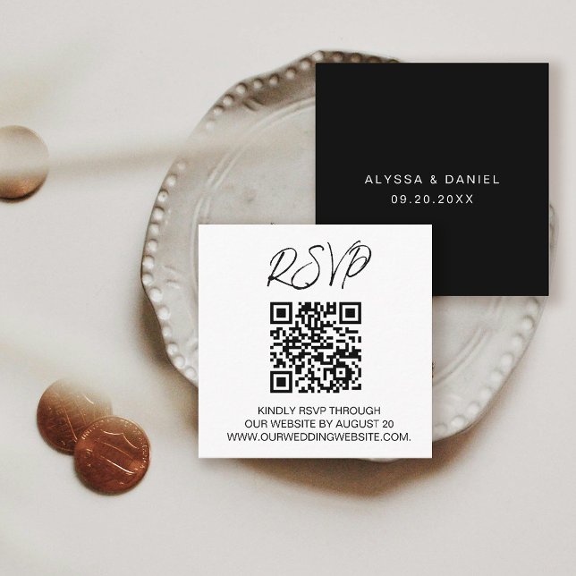 Carte D'accompagnement CODE QR Réponse mariage site web mariage (Simple, black and white, wedding RSVP QR code to website enclosure card.)