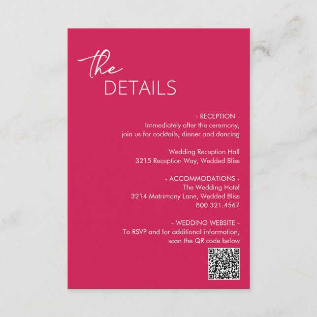 Carte D'accompagnement Code QR rose chaud minimal Mariage moderne (Devant)
