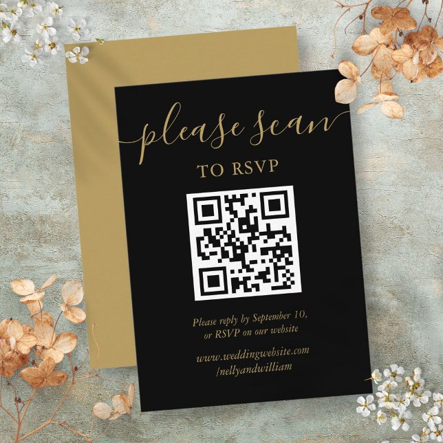 Carte D'accompagnement Code QR RSVP Black And Gold Script (Black And Gold Script RSVP QR Code Enclosure Card)