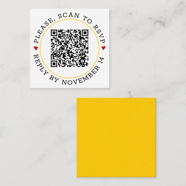 Carte D'accompagnement Code QR RSVP bordure jaune avec cœurs mariage (Devant / Derrière)