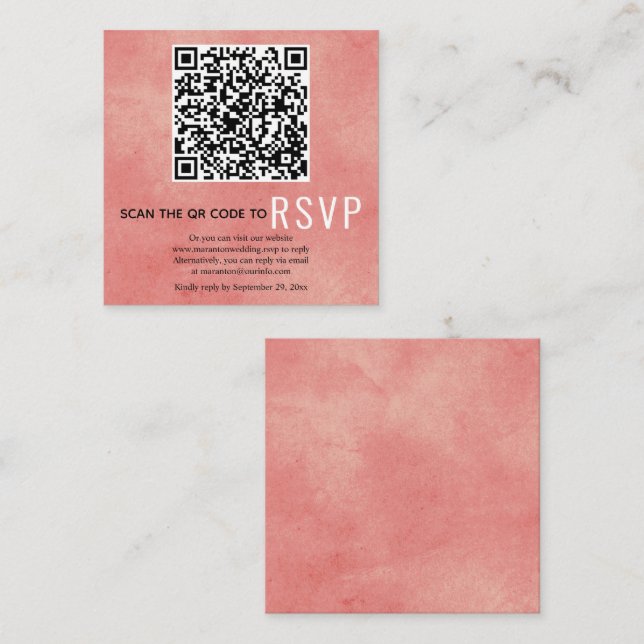 Carte D'accompagnement Code QR RSVP mariage corail taché rose (Devant / Derrière)