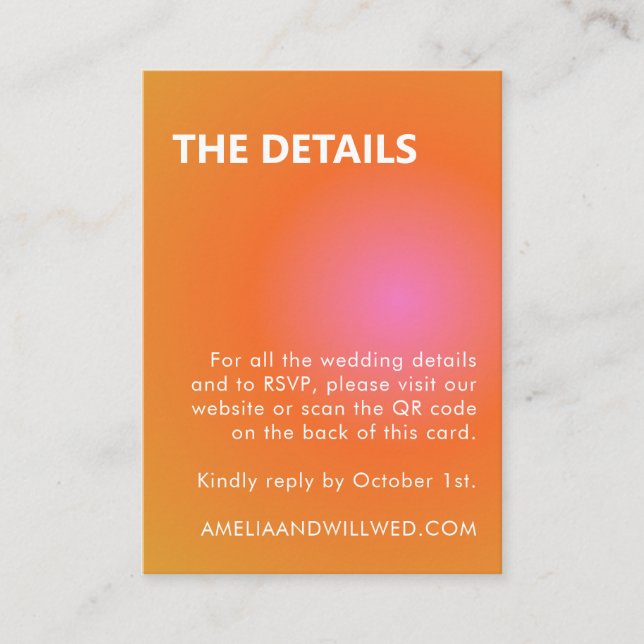 Carte D'accompagnement Code QR RSVP Mariage Dégradé Orange Rose Rétro (Devant)