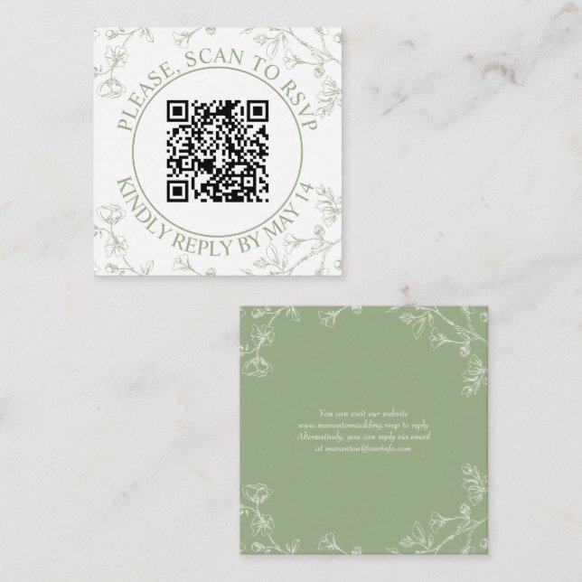 Carte D'accompagnement Code QR RSVP, mariage fleuri vert sauge (Devant / Derrière)
