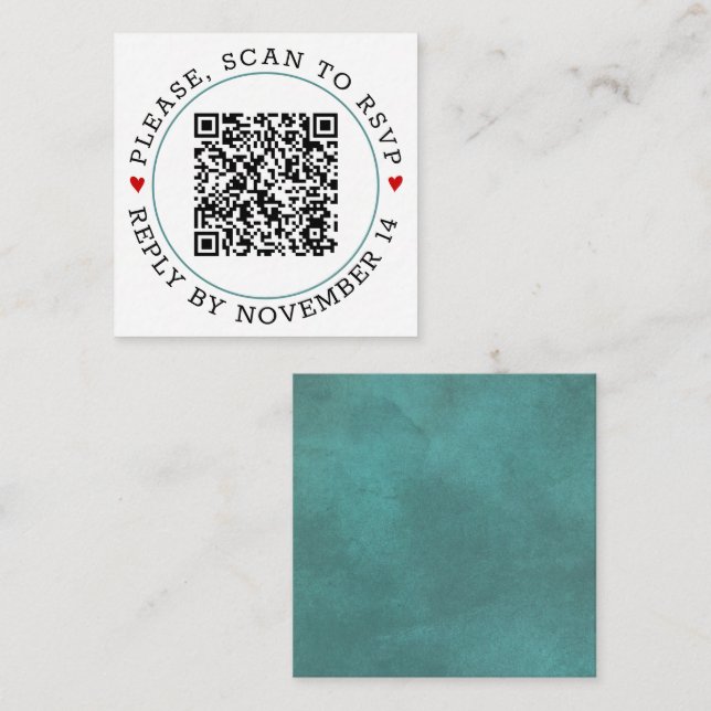 Carte D'accompagnement Code QR RSVP turquoise frontière bleue et mariage  (Devant / Derrière)