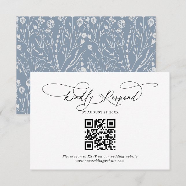 Carte D'accompagnement Code QR Script Floral Dusty Blue Wedding Rsvp (Devant / Derrière)