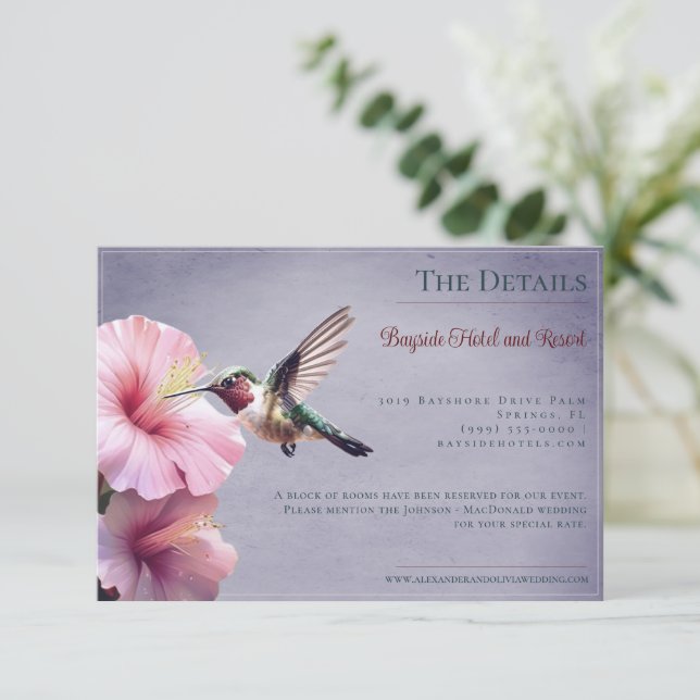 Carte D'accompagnement Colibri et Hibiscus | Mariage pourpre (Debout devant)