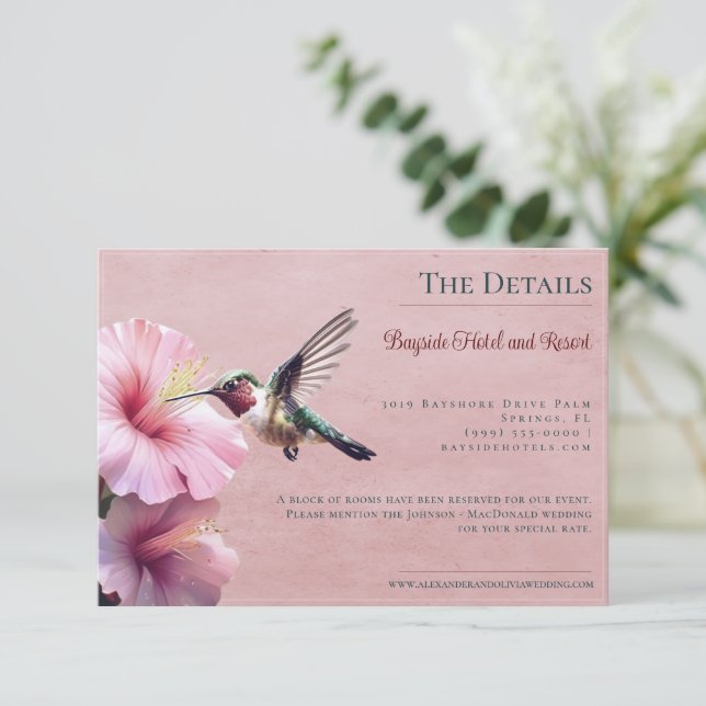Carte D'accompagnement Colibri et Hibiscus | Mariage rose (Debout devant)