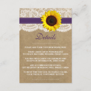 Carte D'accompagnement Collection Rustique de Mariages de tournesol Kraft
