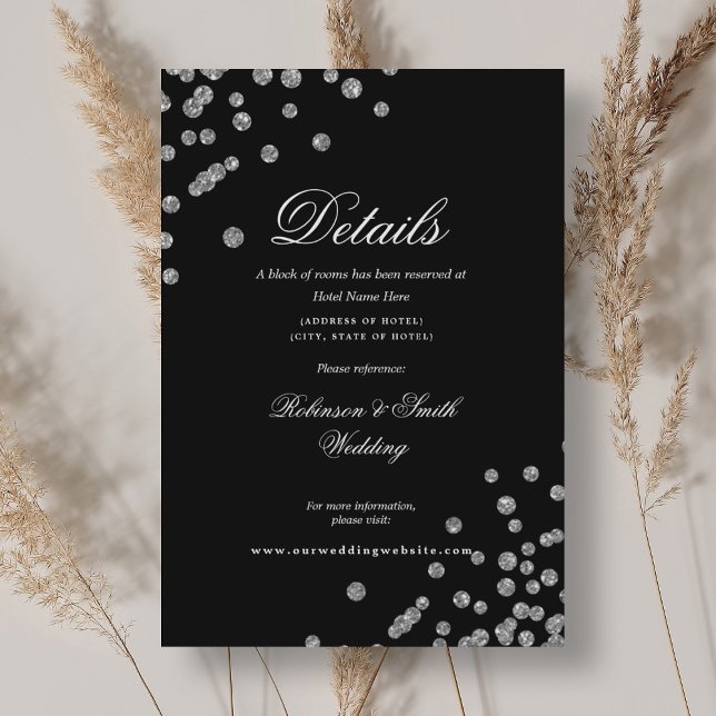 Carte D'accompagnement Confetti d'argent romantique Détails du Mariage No (Romantic Silver Confetti Wedding Details Black Enclosure Card)