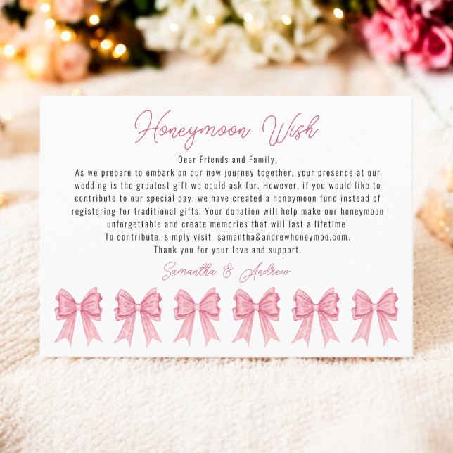 Carte D'accompagnement Coquette Bow rose Chance de lune de miel Fête des  (Coquette Pink Bow Honeymoon Wish Bridal Shower Enclosure Card)
