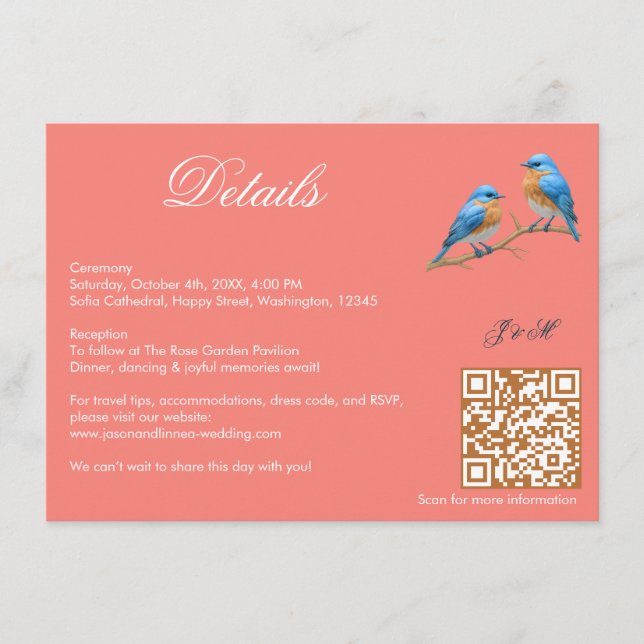 Carte D'accompagnement Coral doux Lovebirds Romantique Bluebirds Mariage (Devant)