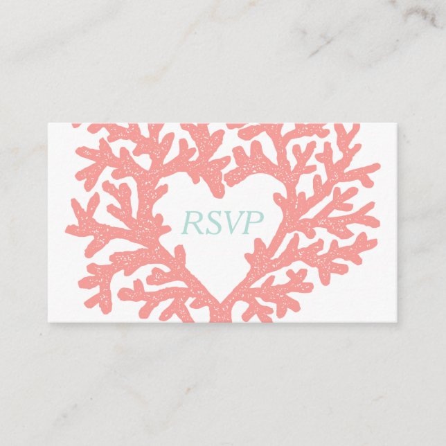 Carte D'accompagnement Coral Heart Aqua Beach Wedding Réponse RSVP (Devant)