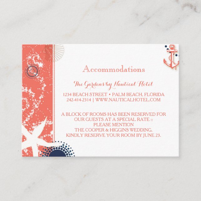 Carte D'accompagnement Coral & Marine Mariage nautique Hébergements (Devant)