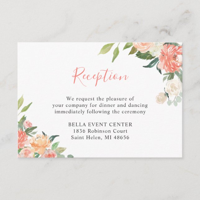 Carte D'accompagnement Coral Peach Floral Détails Mariage Réception (Devant)