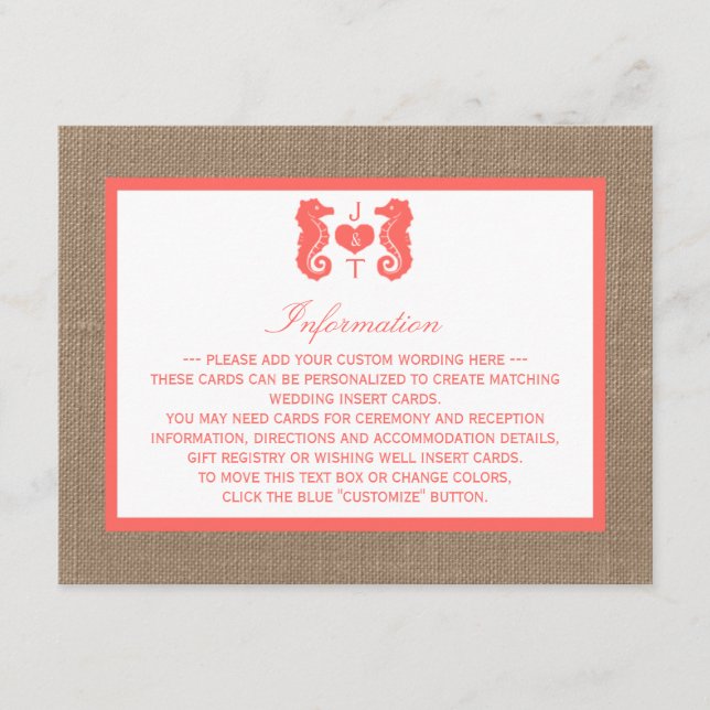 Carte D'accompagnement Coral Seahorse Burlap Beach Wedding Collection (Devant)