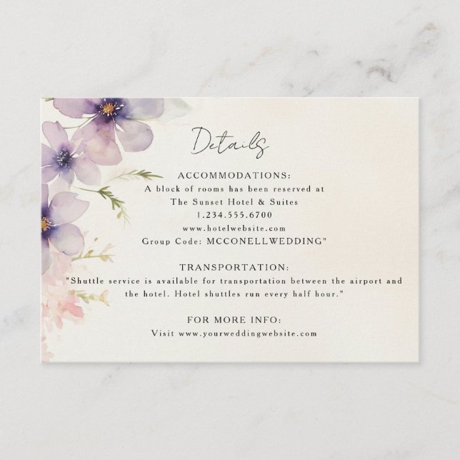 Carte D'accompagnement Cosmos aquarelle mariage floral fiche de détails (Devant)