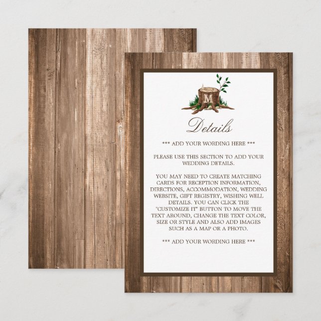 Carte D'accompagnement Country Rustic Monogram Tree & Wood Mariage Détail (Devant / Derrière)