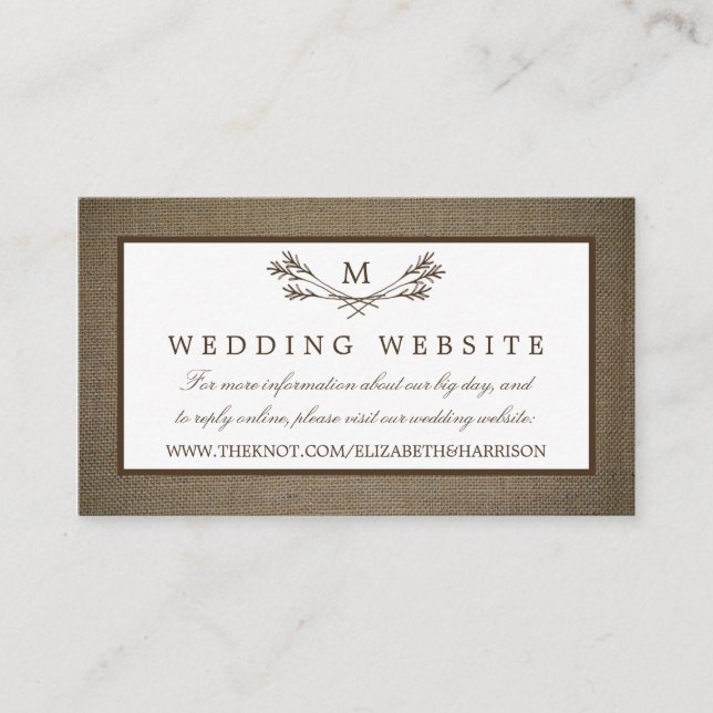 Carte D'accompagnement Country Rustic Monogramme Branche & Mariage Burlap (Devant)